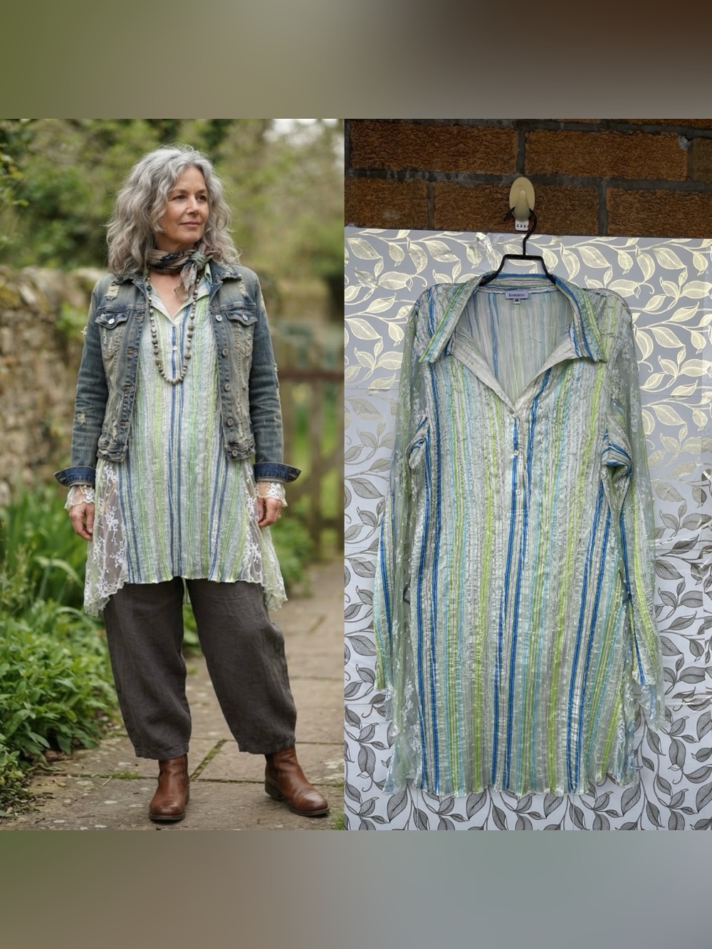 Komarov Green Blue Striped Crinkle Pleated Long Sleeve Tunics Dress Medium